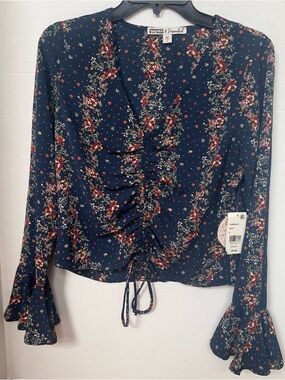 NWT Gypsies & Moondust Navy Floral Long-Sleeve Blouse with Ruffle Cuffs Small